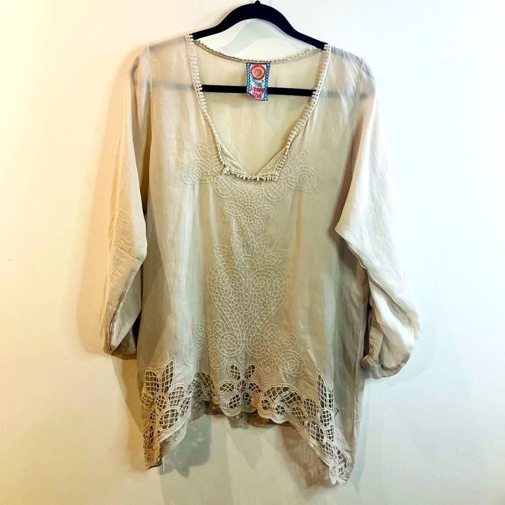 JOHNNY WAS Sz L 100% Cupro Rayon Embroidered Trim Semi Sheer Cream Blouse